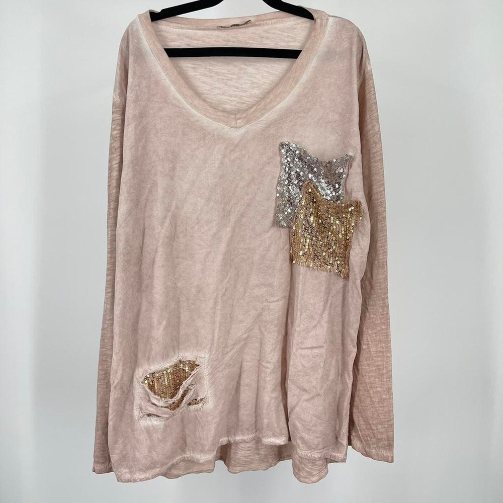 Made in Italy Sequin Top Long Sleeve Shirt Pocket Patchwork Casual Glam Large
